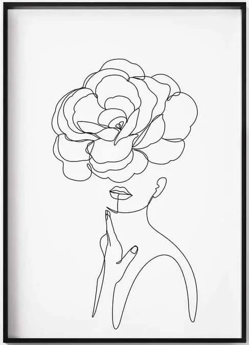 Line drawing of woman with flower over face
